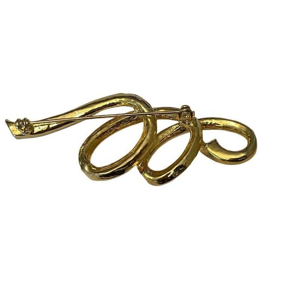 Gold Ribbon Bow Brooch Clear Rhinestones Pin Pave Vintage Statement Piece - Picture 5 of 5